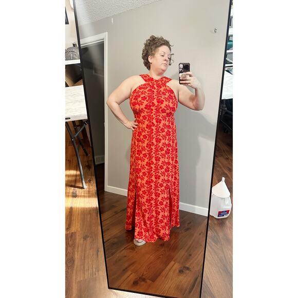 Soft Surroundings Red Floral Criss Cross Halter Maxi Dress women's size large - Picture 13 of 13